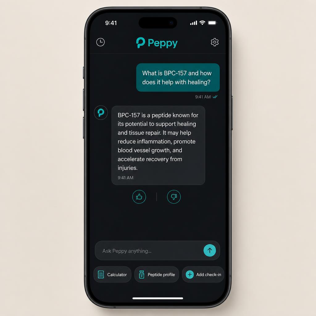 Peppy AI assistant running on an iPhone, showing a cited answer about BPC-157 healing