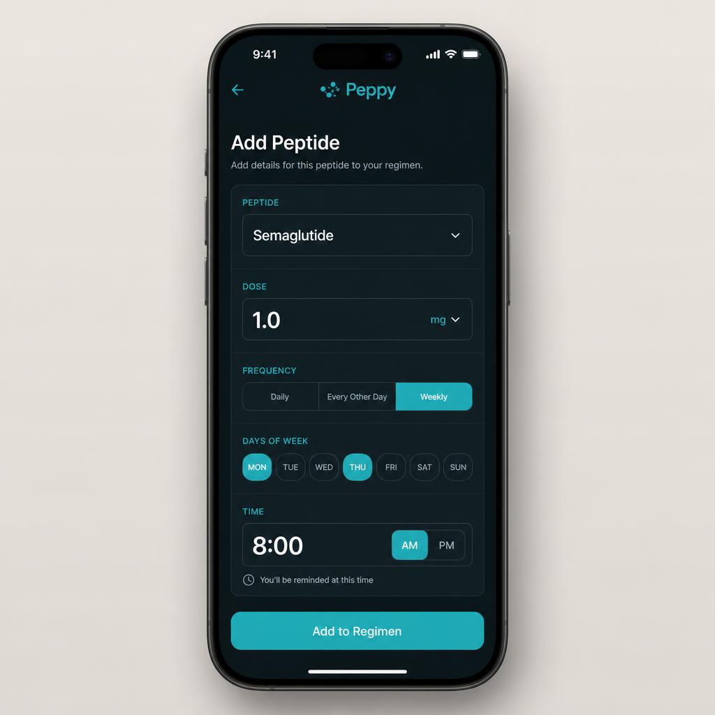 Peptide Streak protocol builder form with dose, frequency, days of week, and time